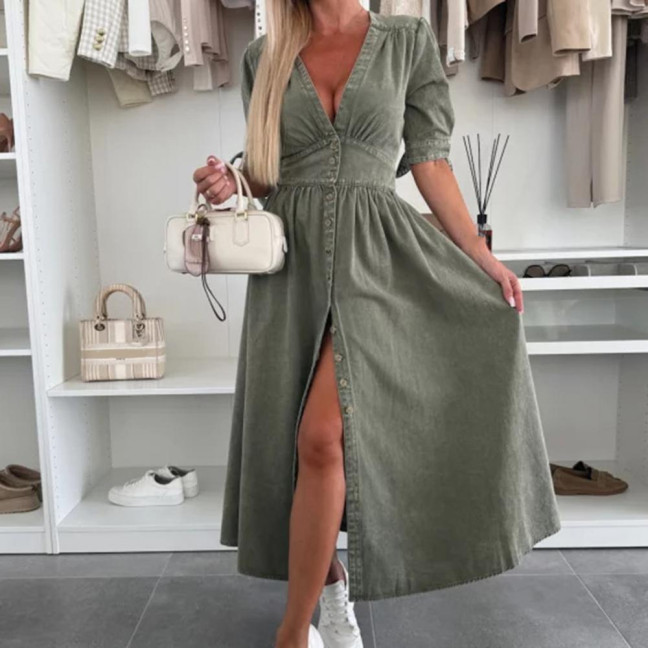 Women's Denim Long Dress V-Neck Short Sleeve Button Down Maxi Dress Casual Jean Dress for Spring Summer