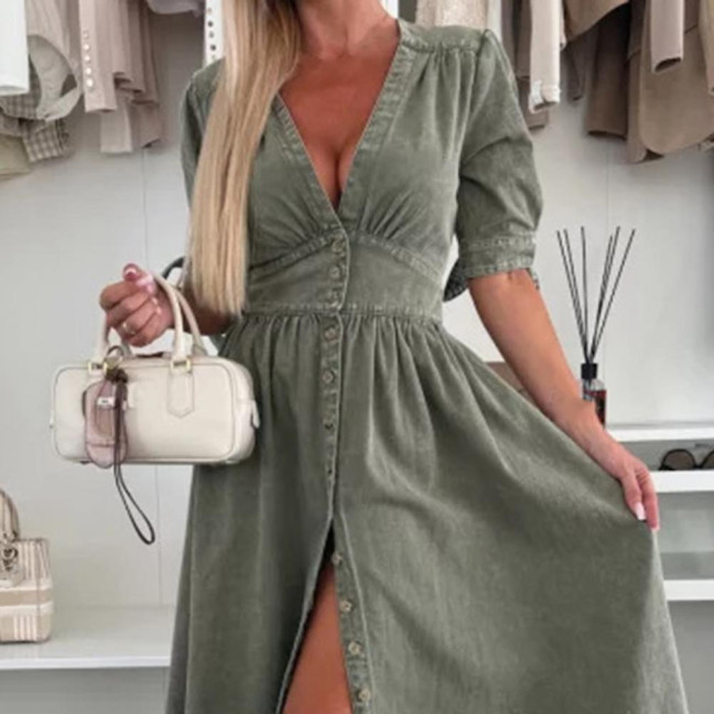 Women's Denim Long Dress V-Neck Short Sleeve Button Down Maxi Dress Casual Jean Dress for Spring Summer