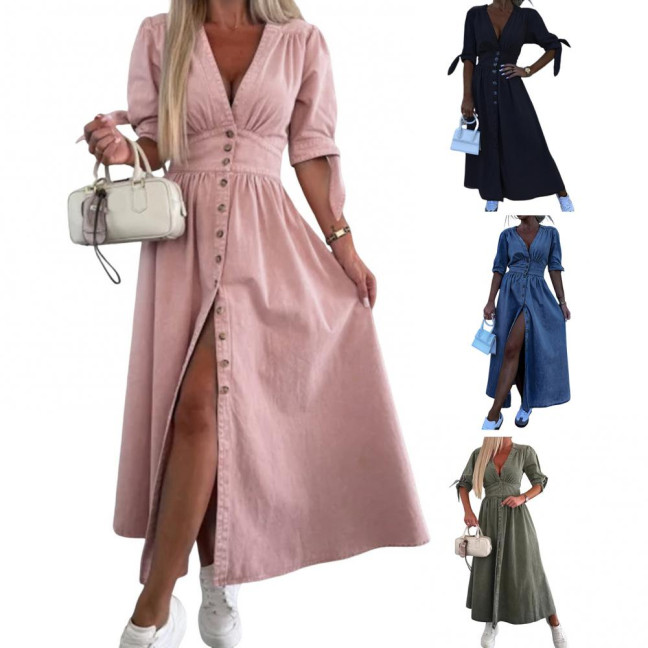 Women's Denim Long Dress V-Neck Short Sleeve Button Down Maxi Dress Casual Jean Dress for Spring Summer