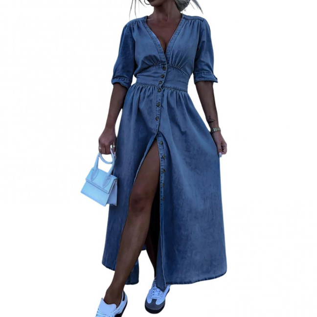 Women's Denim Long Dress V-Neck Short Sleeve Button Down Maxi Dress Casual Jean Dress for Spring Summer