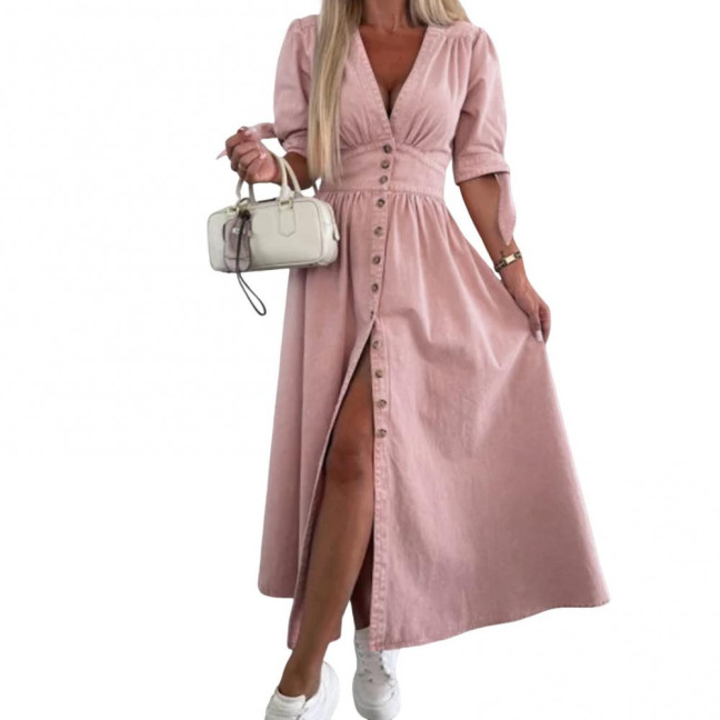 Women's Denim Long Dress V-Neck Short Sleeve Button Down Maxi Dress Casual Jean Dress for Spring Summer