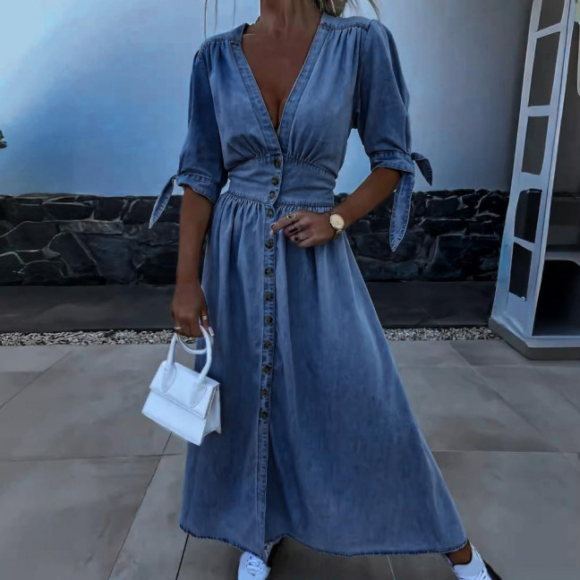 Women's Denim Long Dress V-Neck Short Sleeve Button Down Maxi Dress Casual Jean Dress for Spring Summer