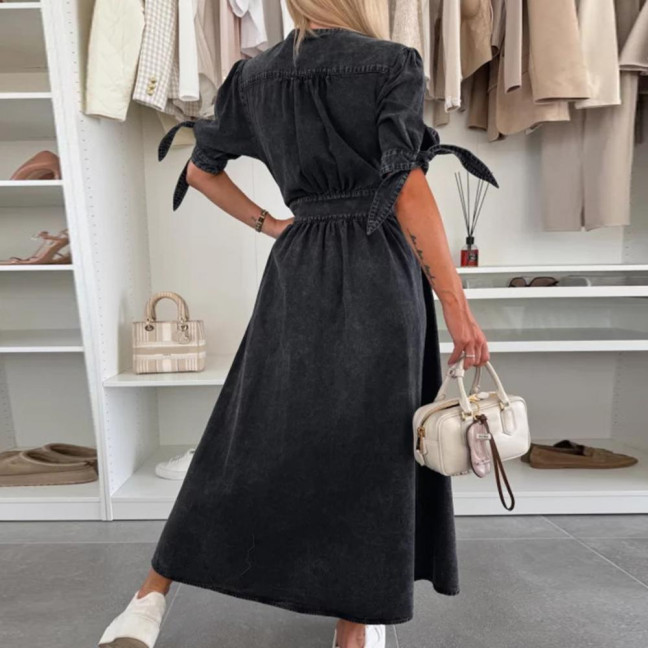 Women's Denim Long Dress V-Neck Short Sleeve Button Down Maxi Dress Casual Jean Dress for Spring Summer