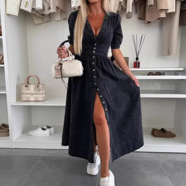 Women's Denim Long Dress V-Neck Short Sleeve Button Down Maxi Dress Casual Jean Dress for Spring Summer