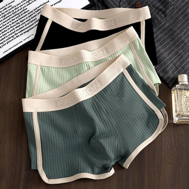 Men Boxer Underwear Mid-rise High Elasticity Shorts Panties Patchwork Color U-Convex Ribbed Underwear
