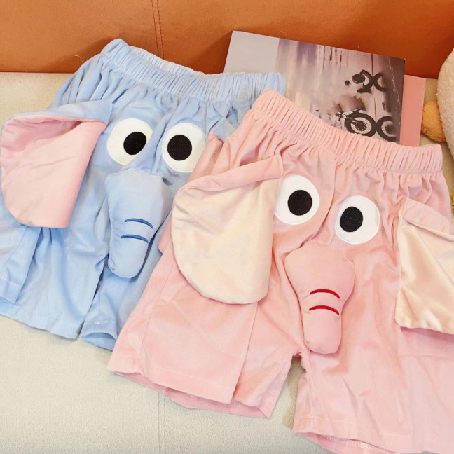 Men Pajamas Pants Cartoon Elephant Decor Elastic Waist Casual Shorts with Reinforced Pockets Loose Couple Sleepwear Pants 