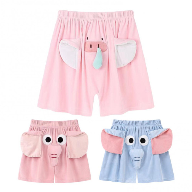 Men Pajamas Pants Cartoon Elephant Decor Elastic Waist Casual Shorts with Reinforced Pockets Loose Couple Sleepwear Pants 