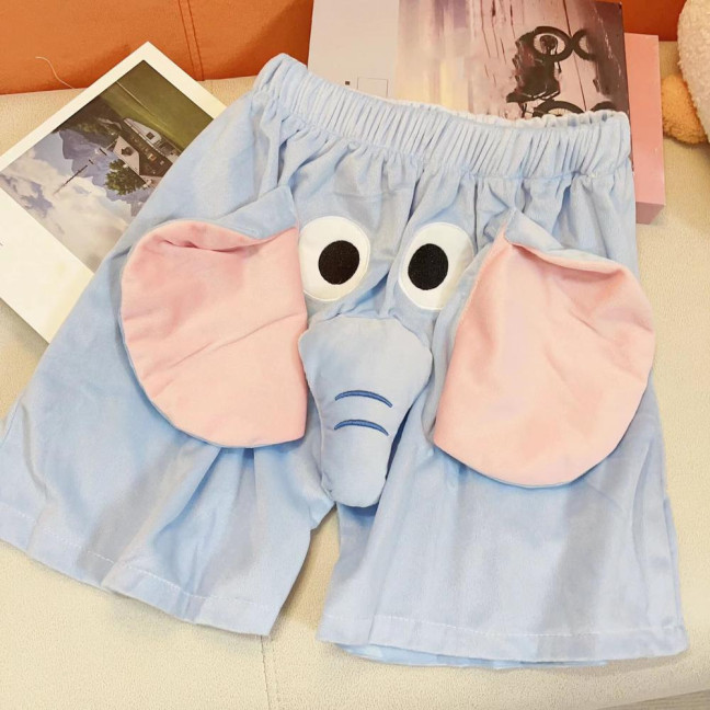 Men Pajamas Pants Cartoon Elephant Decor Elastic Waist Casual Shorts with Reinforced Pockets Loose Couple Sleepwear Pants 