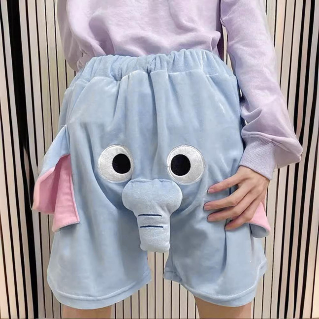 Men Pajamas Pants Cartoon Elephant Decor Elastic Waist Casual Shorts with Reinforced Pockets Loose Couple Sleepwear Pants 