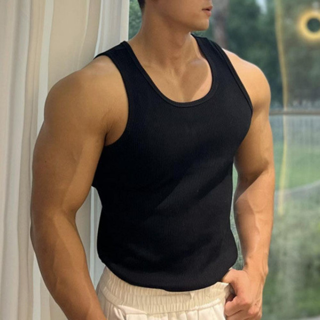 Women Vest Round Neck Sleeveless Wide Shoulder Straps Tank Tops Solid Color Slim Fit Ribbed Breathable Vest