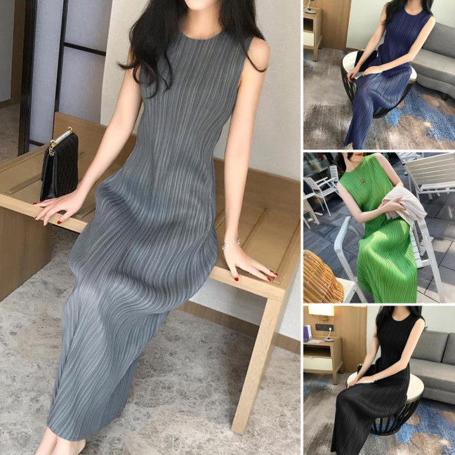 Women Vest Dress Pleated Loose Round Neck Solid Color Straight OL Commuting Dress Sleeveless Calf Length Midi Dress 