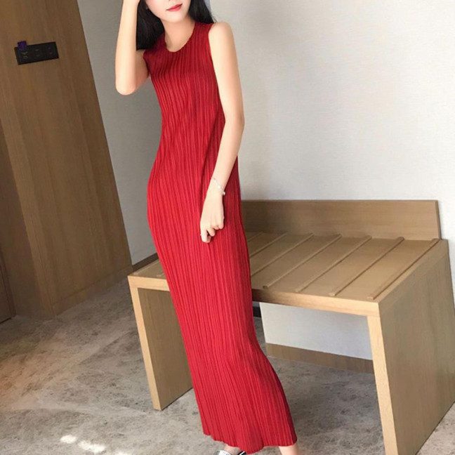 Women Vest Dress Pleated Loose Round Neck Solid Color Straight OL Commuting Dress Sleeveless Calf Length Midi Dress 
