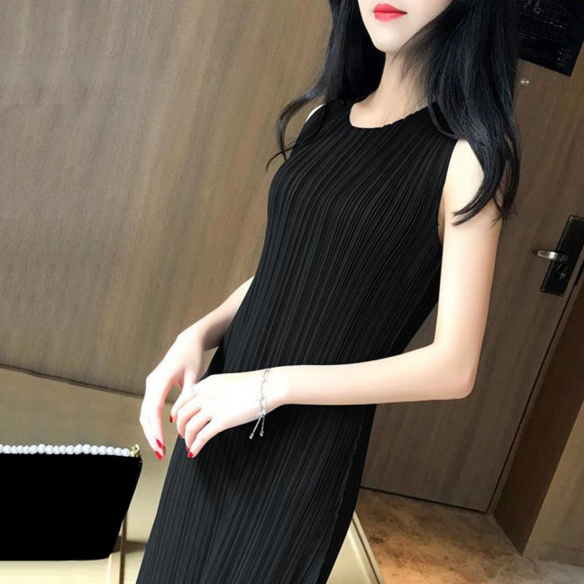 Women Vest Dress Pleated Loose Round Neck Solid Color Straight OL Commuting Dress Sleeveless Calf Length Midi Dress 