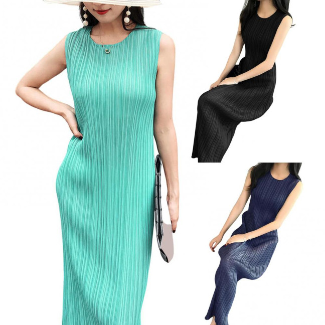 Women Vest Dress Pleated Loose Round Neck Solid Color Straight OL Commuting Dress Sleeveless Calf Length Midi Dress 