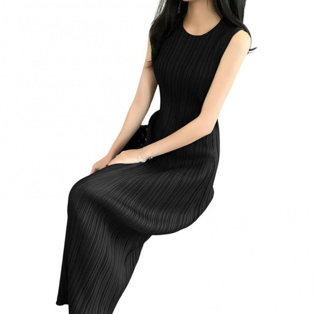 Women Vest Dress Pleated Loose Round Neck Solid Color Straight OL Commuting Dress Sleeveless Calf Length Midi Dress 