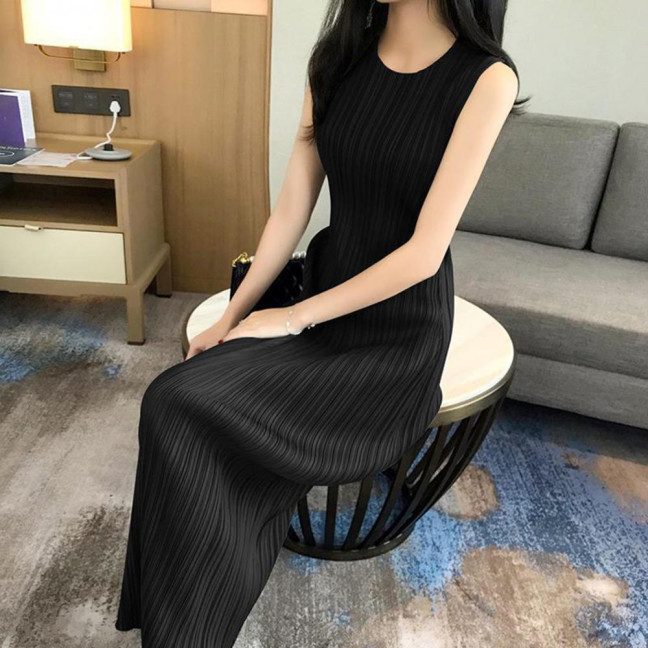 Women Vest Dress Pleated Loose Round Neck Solid Color Straight OL Commuting Dress Sleeveless Calf Length Midi Dress 