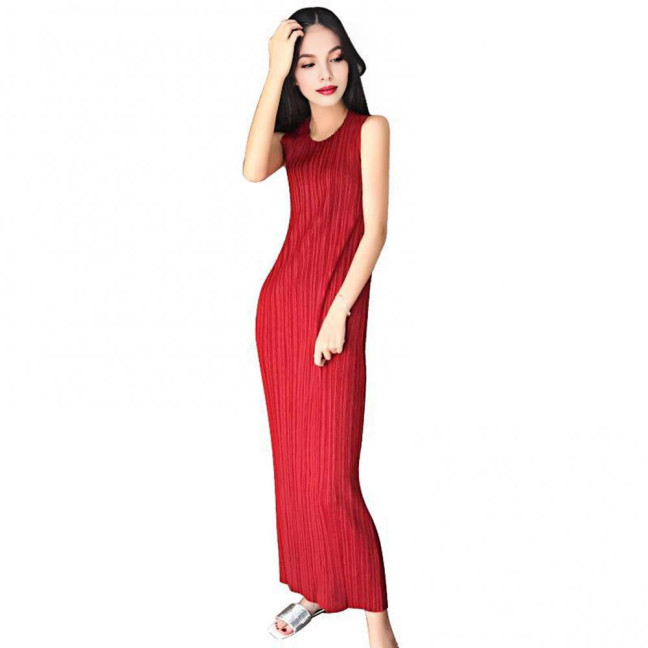 Women Vest Dress Pleated Loose Round Neck Solid Color Straight OL Commuting Dress Sleeveless Calf Length Midi Dress 