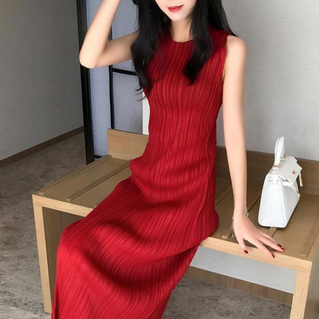 Women Vest Dress Pleated Loose Round Neck Solid Color Straight OL Commuting Dress Sleeveless Calf Length Midi Dress 