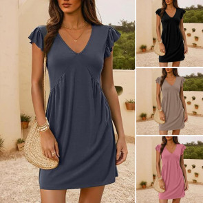 Women's Sleeveless Summer Dress Lotus Leaf Sleeve Deep V-Neck Mini Dress Casual Beach Vacation Sundress 