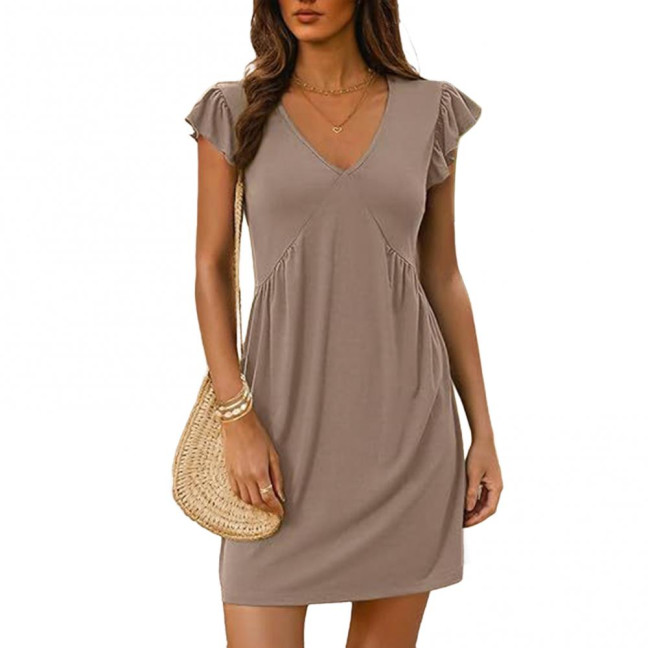 Women's Sleeveless Summer Dress Lotus Leaf Sleeve Deep V-Neck Mini Dress Casual Beach Vacation Sundress 