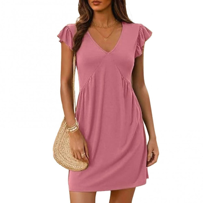 Women's Sleeveless Summer Dress Lotus Leaf Sleeve Deep V-Neck Mini Dress Casual Beach Vacation Sundress 