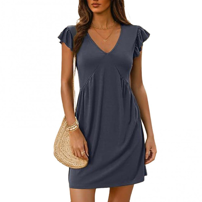 Women's Sleeveless Summer Dress Lotus Leaf Sleeve Deep V-Neck Mini Dress Casual Beach Vacation Sundress 