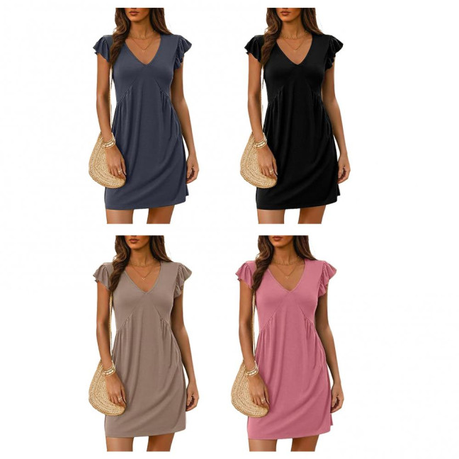 Women's Sleeveless Summer Dress Lotus Leaf Sleeve Deep V-Neck Mini Dress Casual Beach Vacation Sundress 