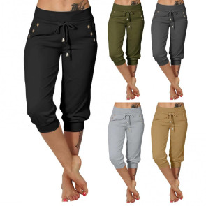Women Cropped Pants Elastic High Waist Adjustable Drawstring Mid-calf Pants with Pockets Solid Color Stretchy Yoga Sweatpants