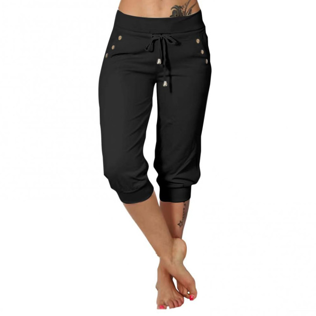 Women Cropped Pants Elastic High Waist Adjustable Drawstring Mid-calf Pants with Pockets Solid Color Stretchy Yoga Sweatpants
