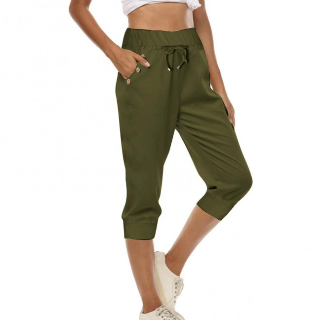 Women Cropped Pants Elastic High Waist Adjustable Drawstring Mid-calf Pants with Pockets Solid Color Stretchy Yoga Sweatpants