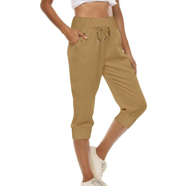 Women Cropped Pants Elastic High Waist Adjustable Drawstring Mid-calf Pants with Pockets Solid Color Stretchy Yoga Sweatpants