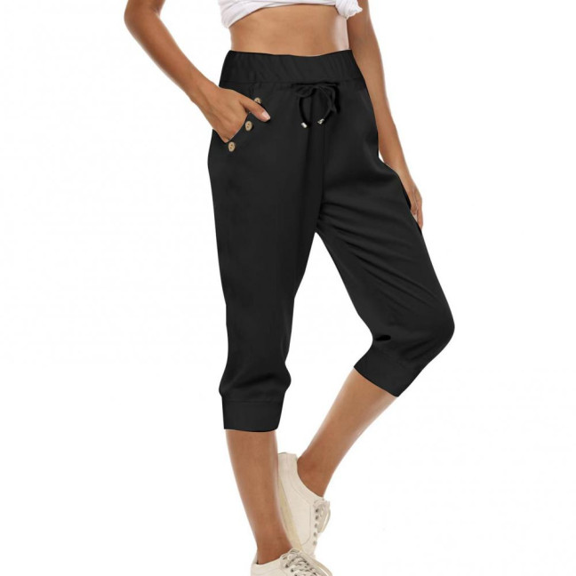 Women Cropped Pants Elastic High Waist Adjustable Drawstring Mid-calf Pants with Pockets Solid Color Stretchy Yoga Sweatpants