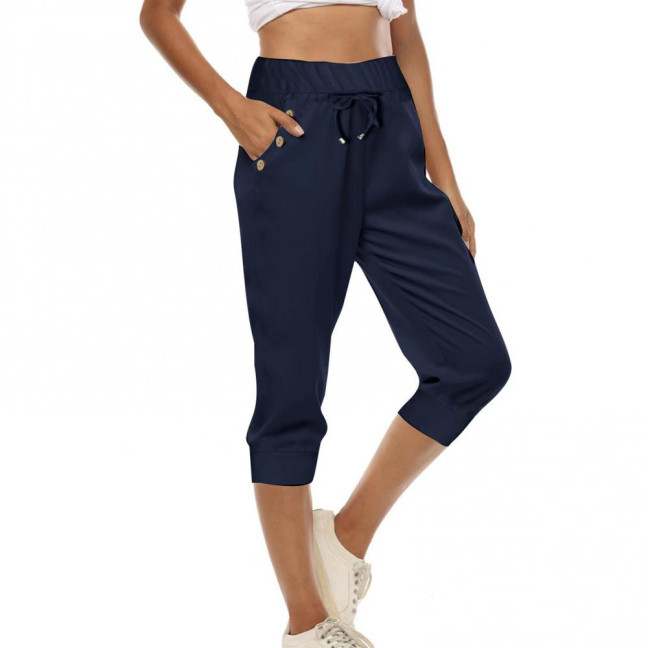 Women Cropped Pants Elastic High Waist Adjustable Drawstring Mid-calf Pants with Pockets Solid Color Stretchy Yoga Sweatpants
