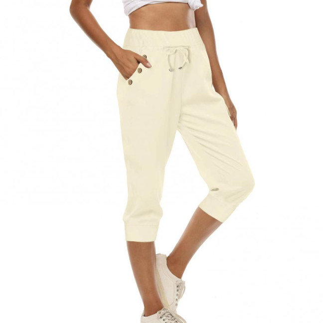 Women Cropped Pants Elastic High Waist Adjustable Drawstring Mid-calf Pants with Pockets Solid Color Stretchy Yoga Sweatpants