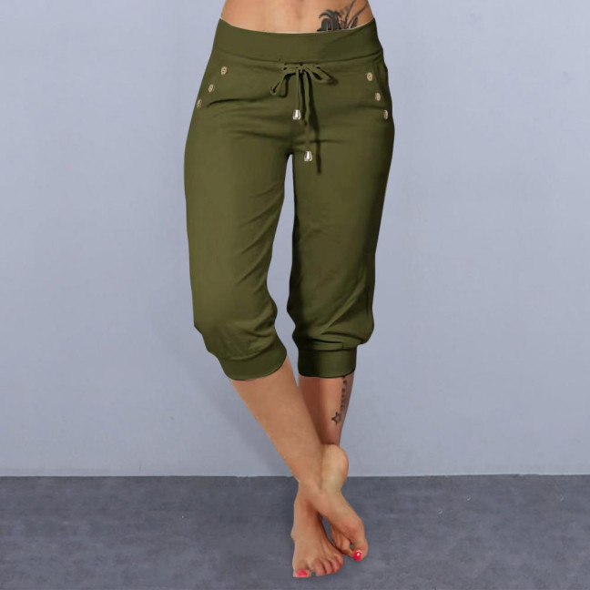 Women Cropped Pants Elastic High Waist Adjustable Drawstring Mid-calf Pants with Pockets Solid Color Stretchy Yoga Sweatpants