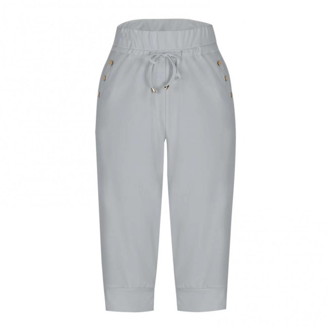 Women Cropped Pants Elastic High Waist Adjustable Drawstring Mid-calf Pants with Pockets Solid Color Stretchy Yoga Sweatpants