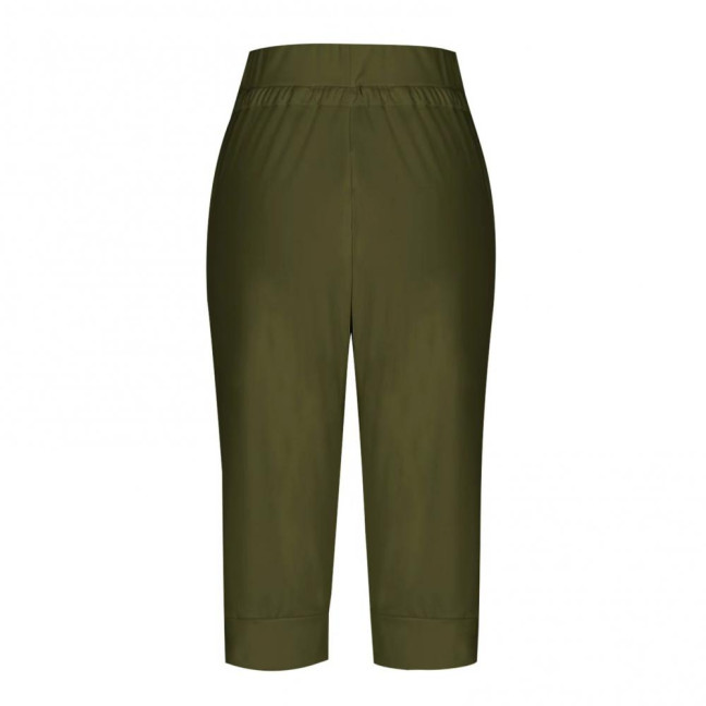 Women Cropped Pants Elastic High Waist Adjustable Drawstring Mid-calf Pants with Pockets Solid Color Stretchy Yoga Sweatpants