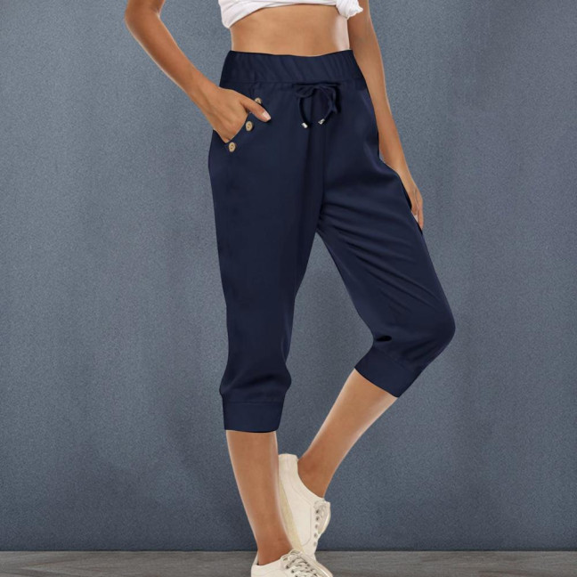 Women Cropped Pants Elastic High Waist Adjustable Drawstring Mid-calf Pants with Pockets Solid Color Stretchy Yoga Sweatpants