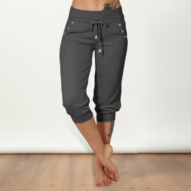 Women Cropped Pants Elastic High Waist Adjustable Drawstring Mid-calf Pants with Pockets Solid Color Stretchy Yoga Sweatpants