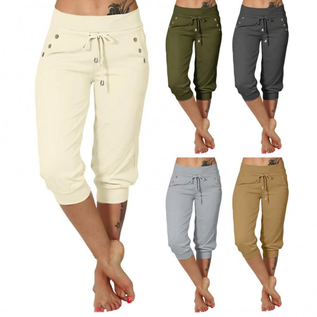 Women Cropped Pants Elastic High Waist Adjustable Drawstring Mid-calf Pants with Pockets Solid Color Stretchy Yoga Sweatpants