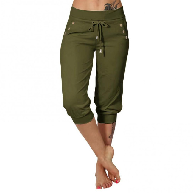 Women Cropped Pants Elastic High Waist Adjustable Drawstring Mid-calf Pants with Pockets Solid Color Stretchy Yoga Sweatpants