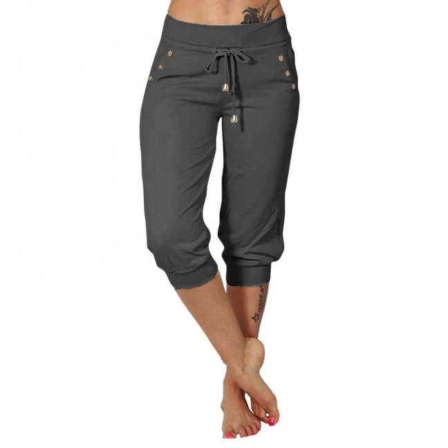 Women Cropped Pants Elastic High Waist Adjustable Drawstring Mid-calf Pants with Pockets Solid Color Stretchy Yoga Sweatpants