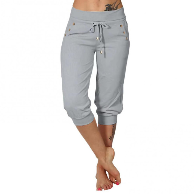Women Cropped Pants Elastic High Waist Adjustable Drawstring Mid-calf Pants with Pockets Solid Color Stretchy Yoga Sweatpants