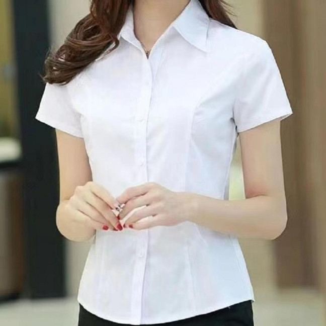 Women Shirt Lapel Short Sleeve Buttons Placket Shirt Tops Solid Color Slim Fit Office Business Shirt Workwear