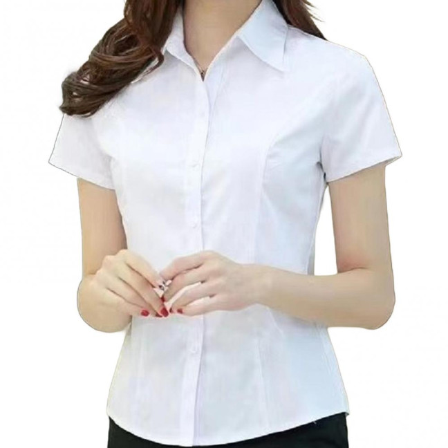 Women Shirt Lapel Short Sleeve Buttons Placket Shirt Tops Solid Color Slim Fit Office Business Shirt Workwear