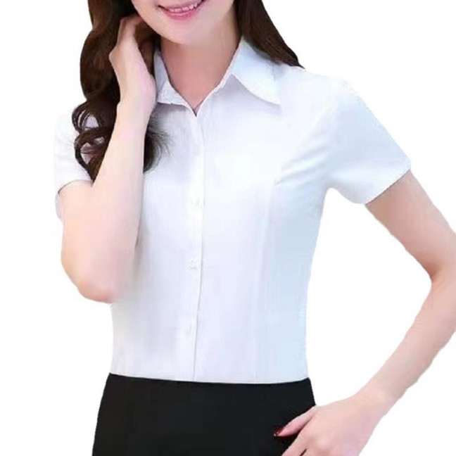 Women Shirt Lapel Short Sleeve Buttons Placket Shirt Tops Solid Color Slim Fit Office Business Shirt Workwear