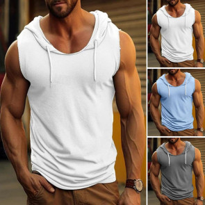 Men's Hooded Tank Top Solid Color Sleeveless T-shirt Fitness Singlet Bodybuilding Vest Muscle Tee for Sports Gym Daily Wear