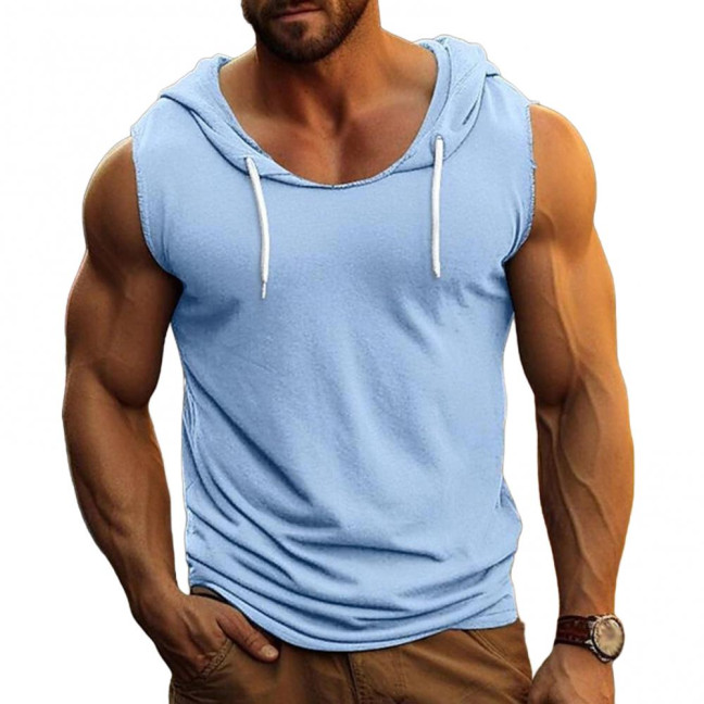 Men's Hooded Tank Top Solid Color Sleeveless T-shirt Fitness Singlet Bodybuilding Vest Muscle Tee for Sports Gym Daily Wear