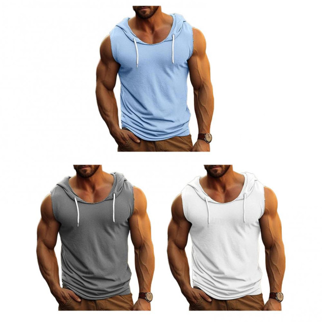Men's Hooded Tank Top Solid Color Sleeveless T-shirt Fitness Singlet Bodybuilding Vest Muscle Tee for Sports Gym Daily Wear