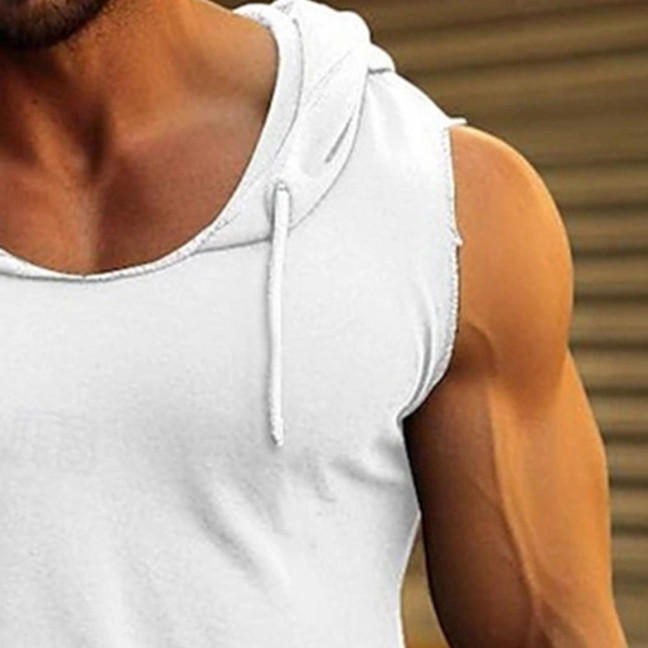 Men's Hooded Tank Top Solid Color Sleeveless T-shirt Fitness Singlet Bodybuilding Vest Muscle Tee for Sports Gym Daily Wear